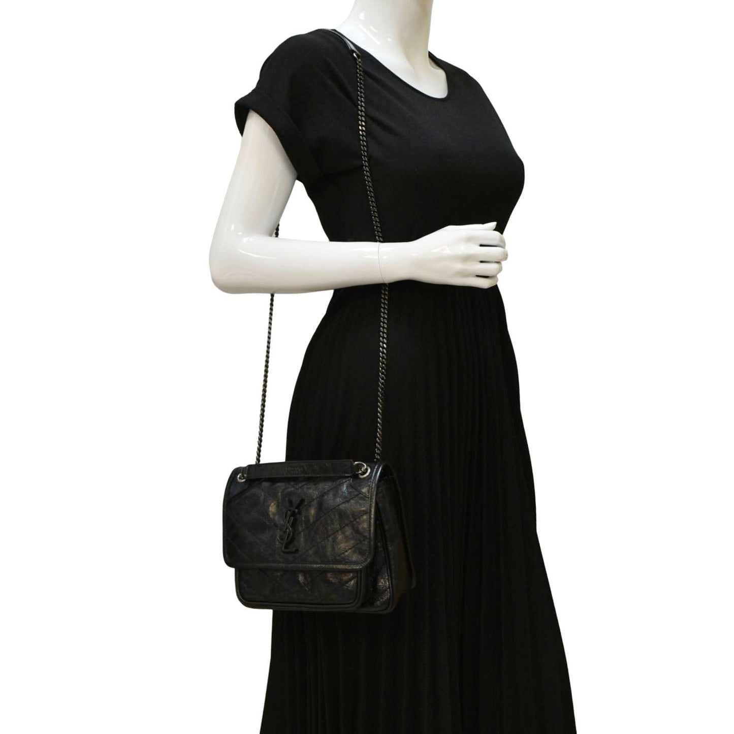 SAINT LAURENT Niki Baby Crinkle Leather Shoulder Bag Black