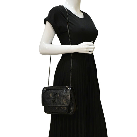SAINT LAURENT Niki Baby Crinkle Leather Shoulder Bag Black