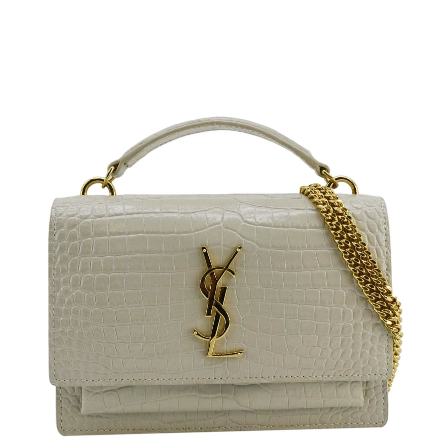 SAINT LAURENT Sunset Crocodile Embossed Leather Crossbody Bag Ivory