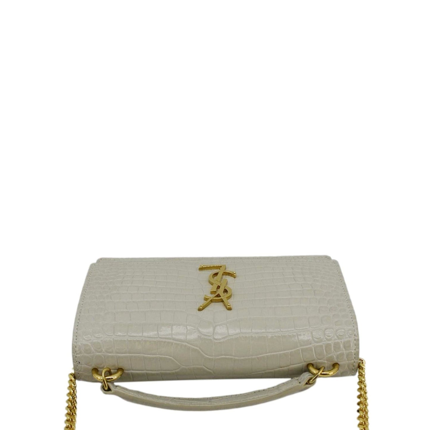 SAINT LAURENT Sunset Crocodile Embossed Leather Crossbody Bag Ivory