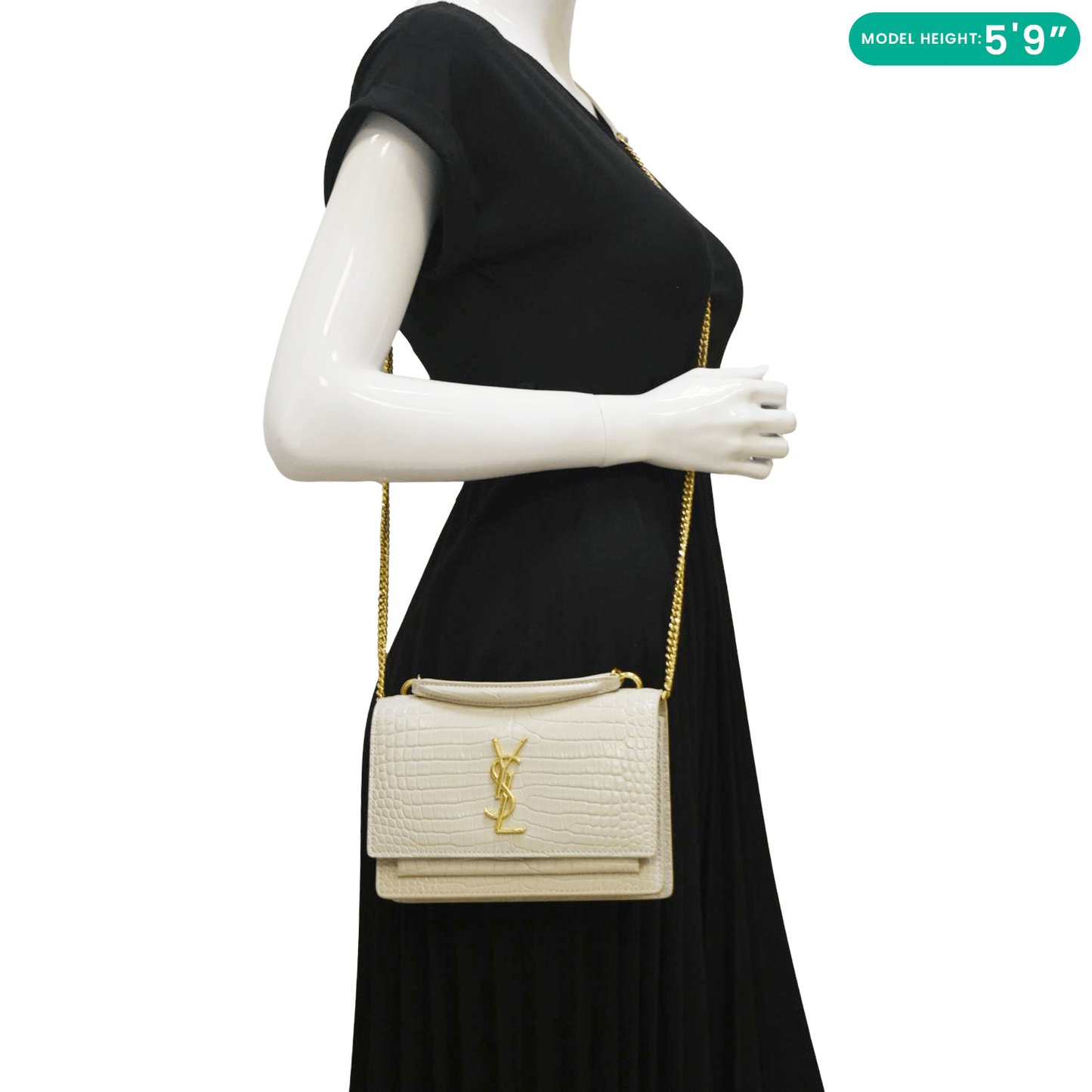 SAINT LAURENT Sunset Crocodile Embossed Leather Crossbody Bag Ivory