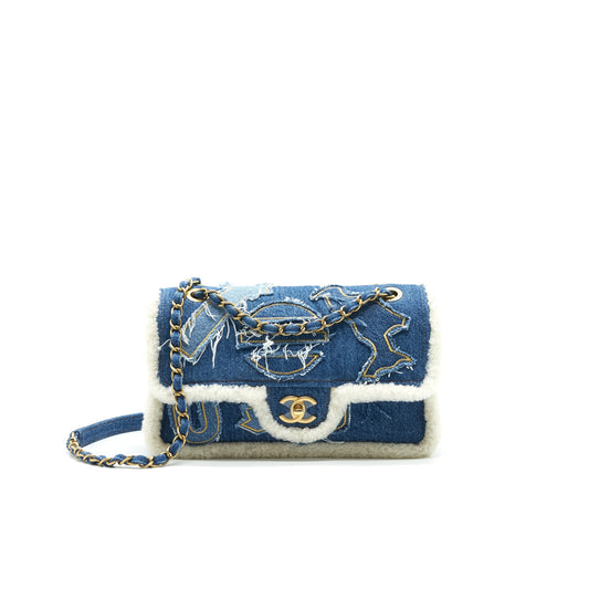 CHANEL Shearling Hieroglyph Flap Blue Shoulder Bag