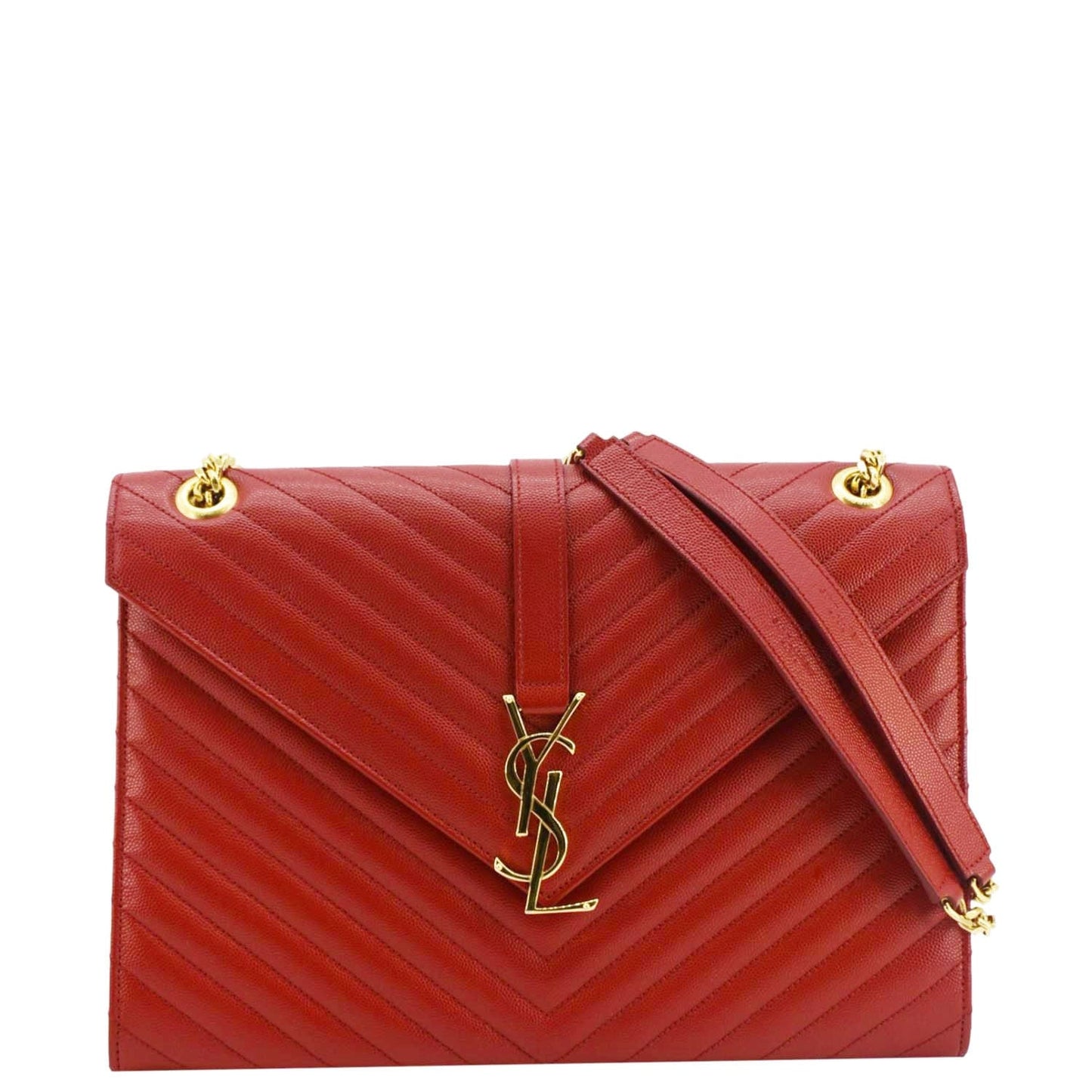 SAINT LAURENT Large Envelope Chevron Quilted Leather Chain Shoulder Bag Red