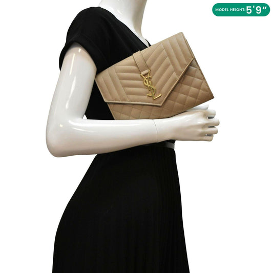 SAINT LAURENT Envelope Flap Matelasse Leather Shoulder Bag Beige