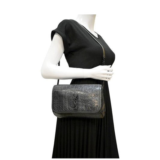 SAINT LAURENT Niki Baby Crocodile Leather Chain Shoulder Bag Black