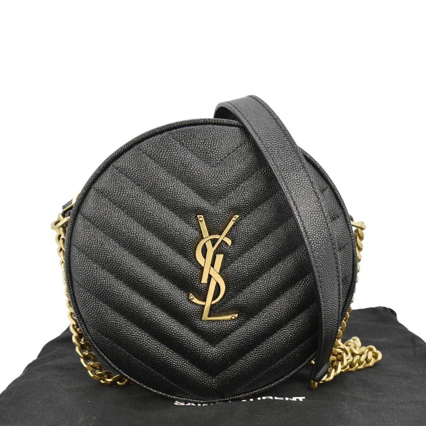 SAINT LAURENT Vinyle Round Chevron Leather Camera Crossbody Bag Black