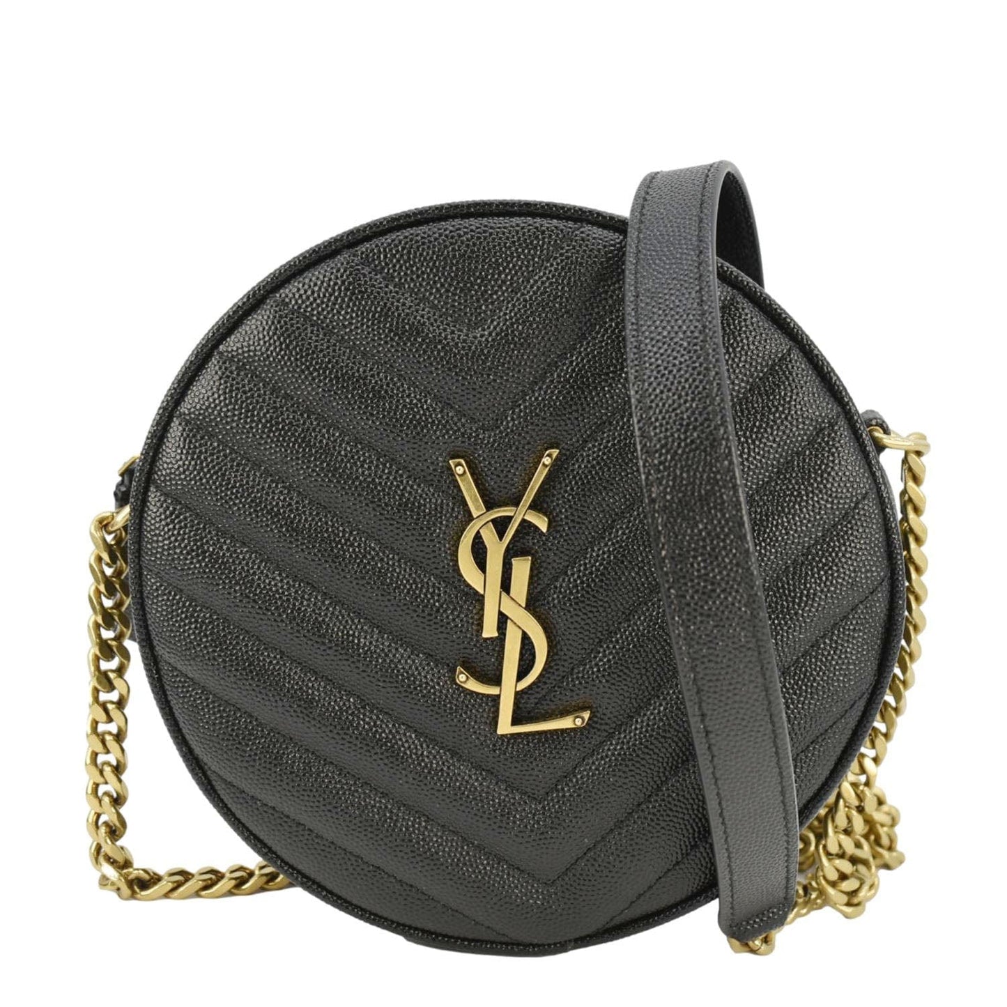 SAINT LAURENT Vinyle Round Chevron Leather Camera Crossbody Bag Black