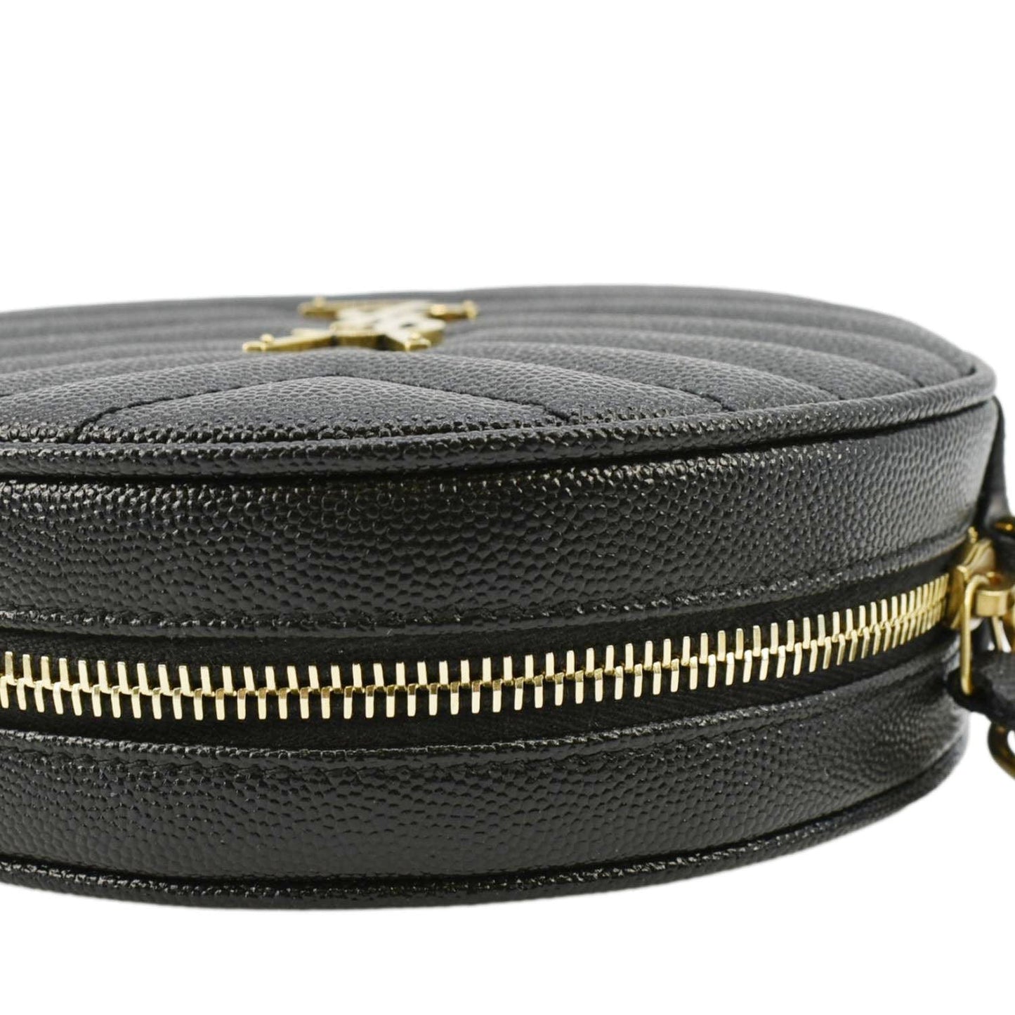 SAINT LAURENT Vinyle Round Chevron Leather Camera Crossbody Bag Black