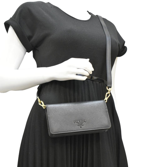 PRADA Saffiano Leather Crossbody Wallet Black