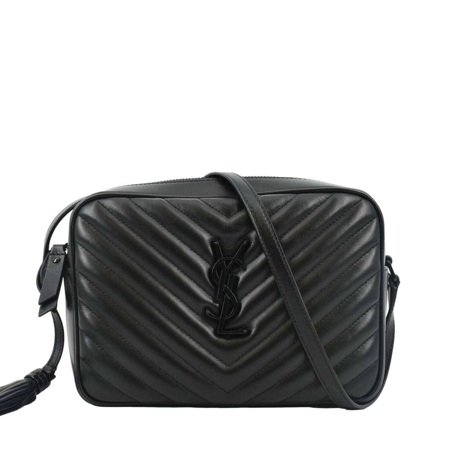 SAINT LAURENT Lou Chevron Leather Camera Crossbody Bag Black
