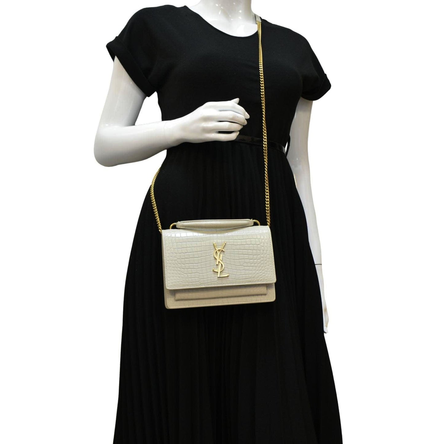 SAINT LAURENT Sunset Crocodile Embossed Leather Crossbody Bag Ivory
