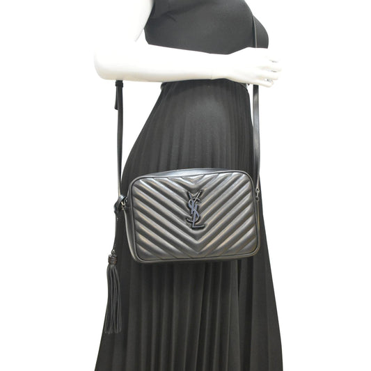 SAINT LAURENT Lou Chevron Leather Camera Crossbody Bag Black