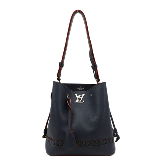 LOUIS VUITTON Lockme Braided Leather Shoulder Bucket Bag Navy