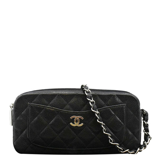 Chanel Front Pocket Quilted Caviar Leather Chain Shoulder Bag Black