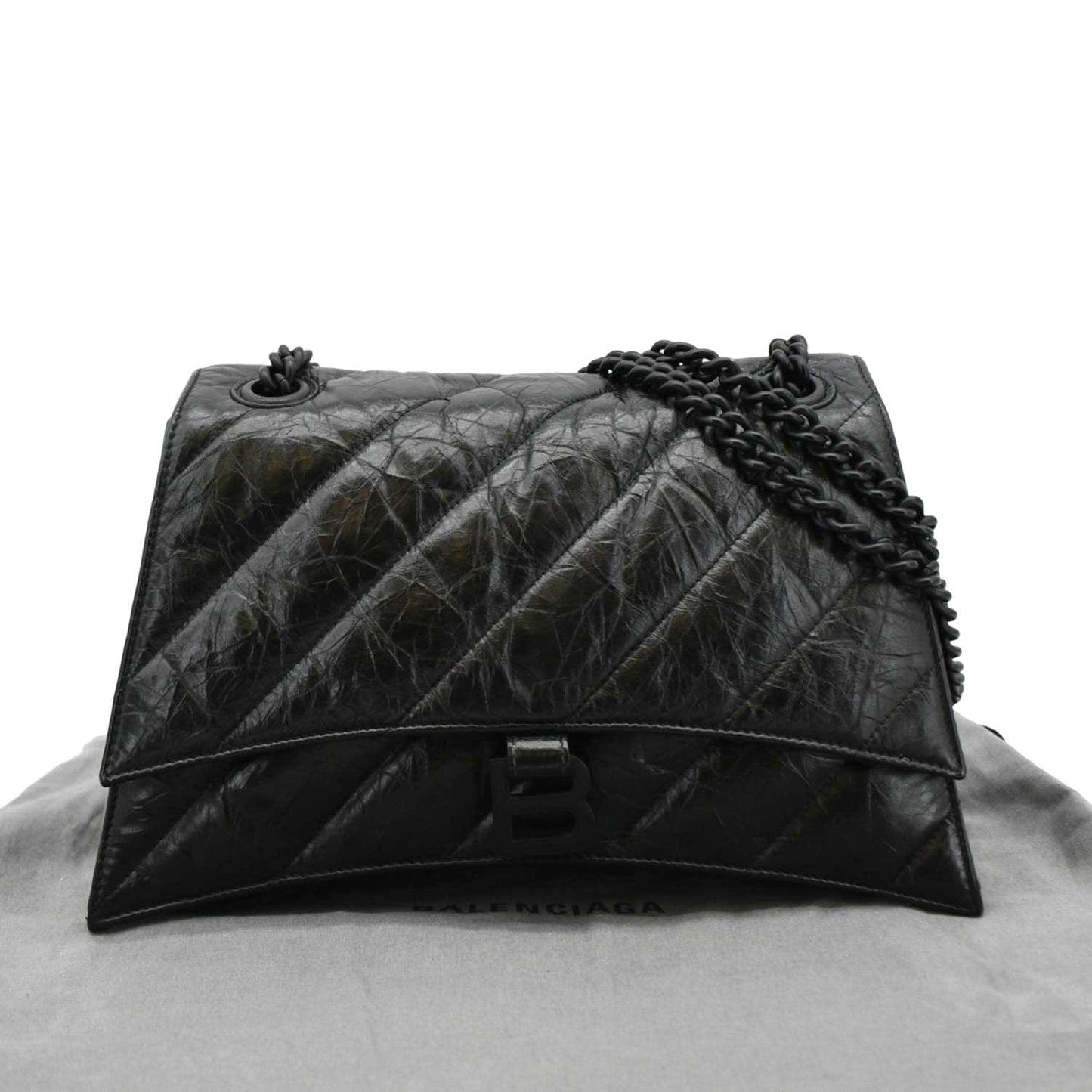 BALENCIAGA Hourglass Medium Crushed Leather Chain Wallet Shoulder Bag Black