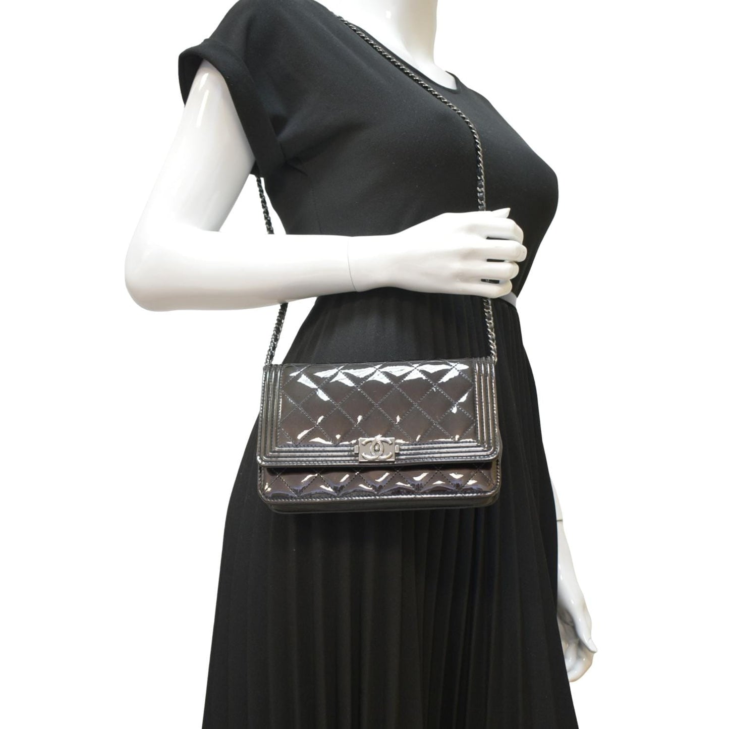 Chanel Boy WOC Quilted Patent Leather Wallet On Chain Shoulder Bag Black