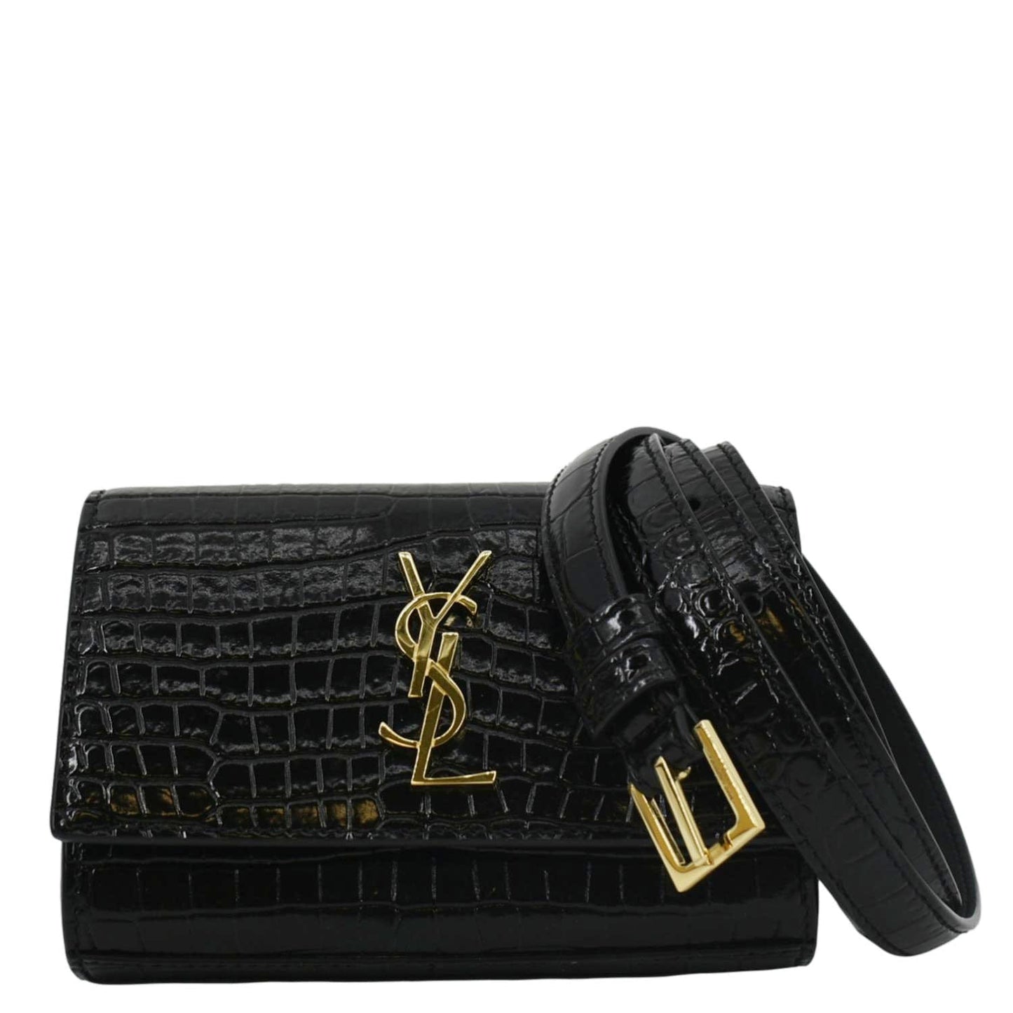 SAINT LAURENT Kate Crocodile Embossed Leather Belt Bag Black