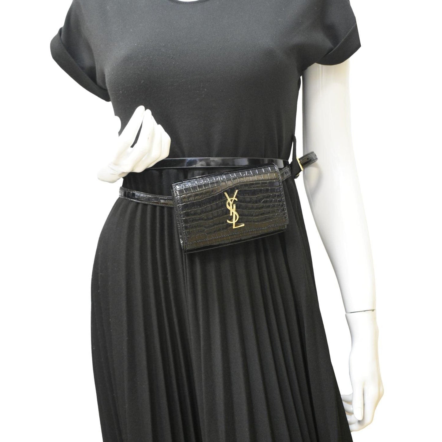 SAINT LAURENT Kate Crocodile Embossed Leather Belt Bag Black