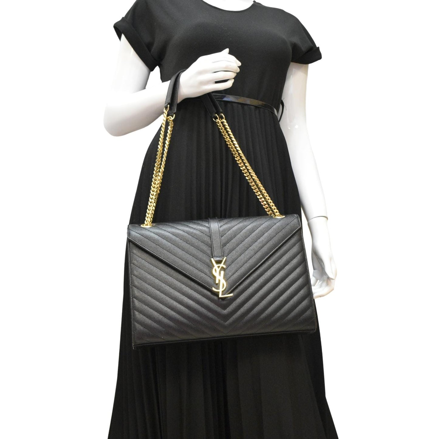 SAINT LAURENT Large Envelope Leather Chain Shoulder Bag Black