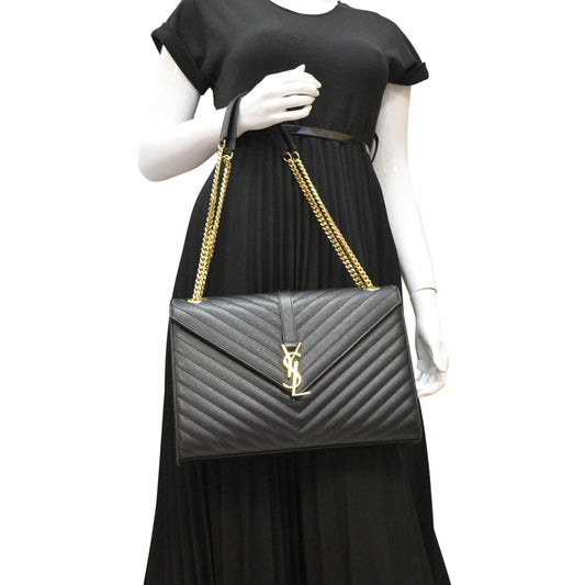 SAINT LAURENT Large Envelope Leather Chain Shoulder Bag Black