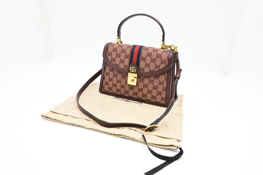 Gucci Ophidia Top Handle Bag in Burgundy GG Canvas & Leather