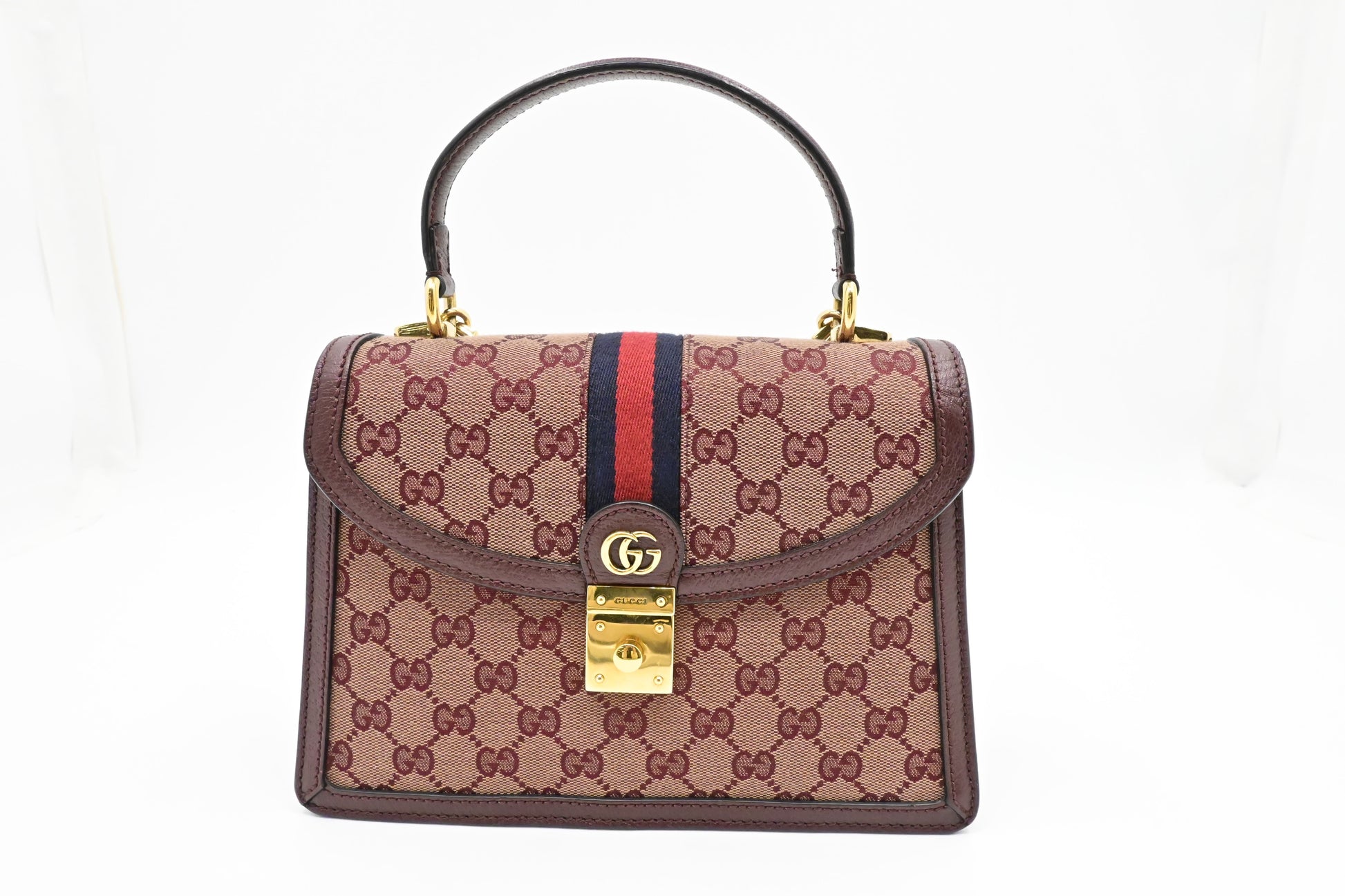 Gucci Ophidia Top Handle Bag in Burgundy GG Canvas & Leather