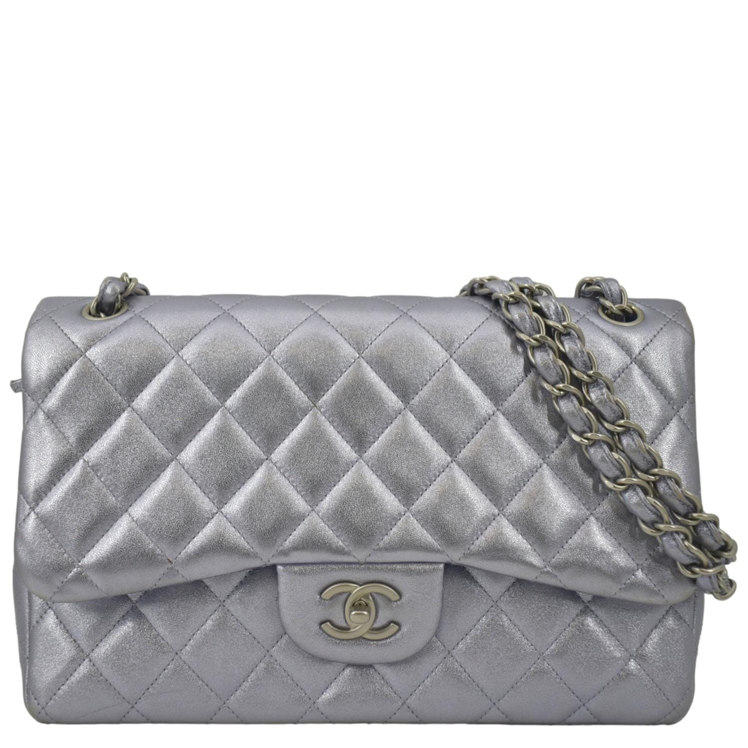 Chanel Jumbo Flap Quilted Leather Shoulder Bag Silver