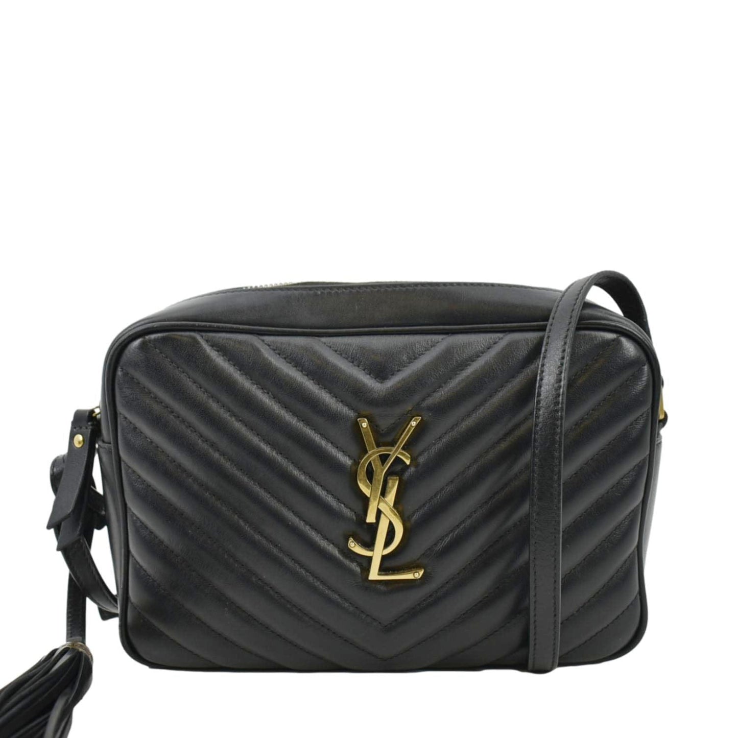 SAINT LAURENT Lou Chevron Leather Camera Crossbody Bag Black