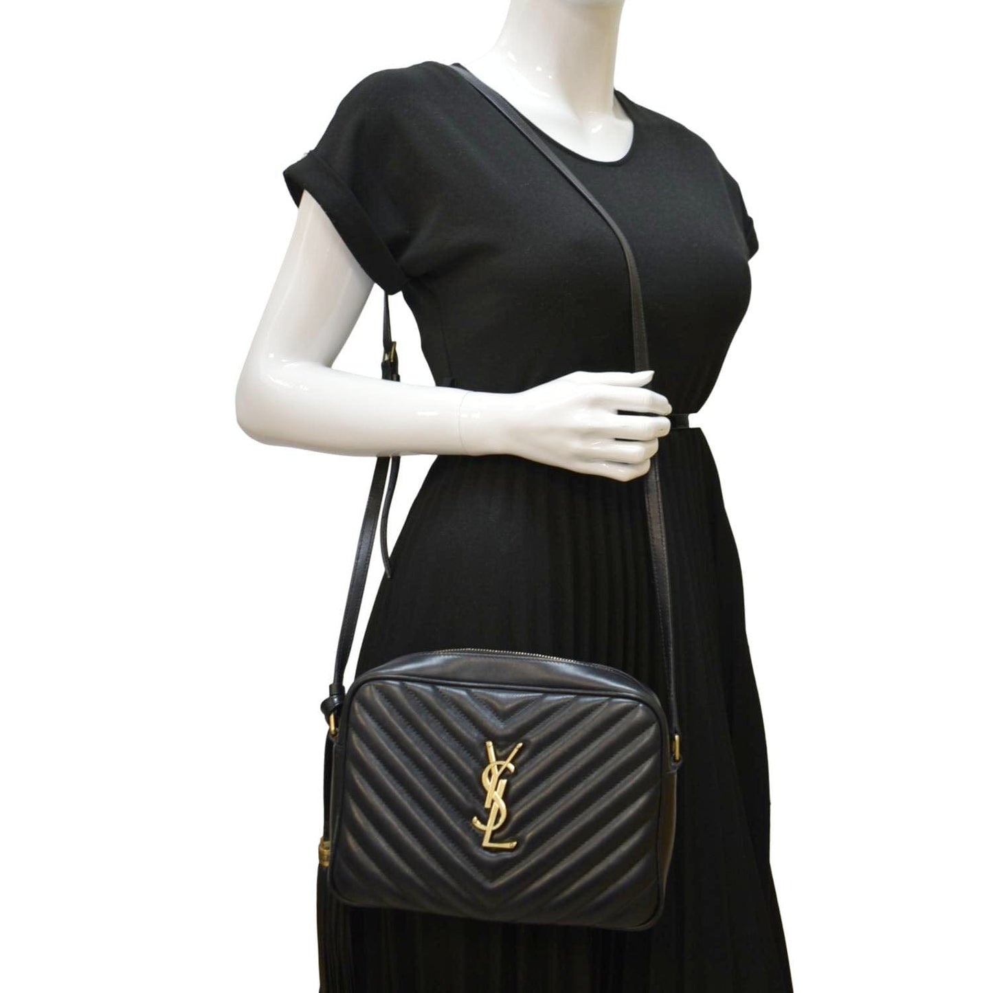 SAINT LAURENT Lou Chevron Leather Camera Crossbody Bag Black
