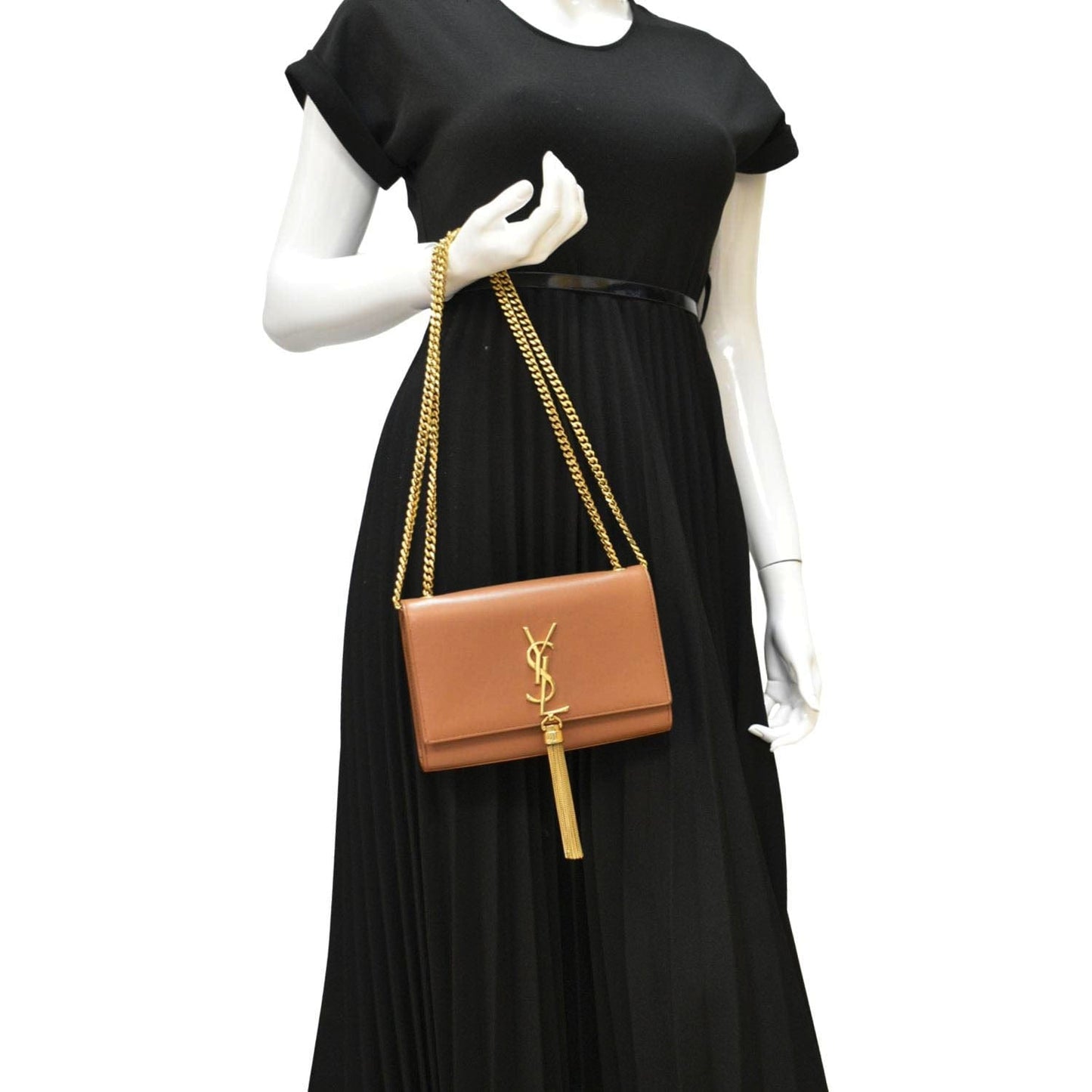 SAINT LAURENT Kate Leather Chain Clutch Crossbody Bag Tan