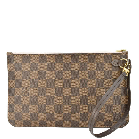 LOUIS VUITTON Neverfull Pochette Damier Ebene Wristlet Rose Ballerine