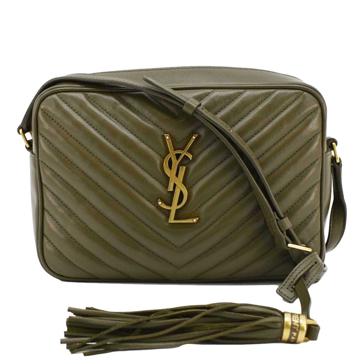 SAINT LAURENT Lou Chevron Leather Camera Crossbody Bag Olive