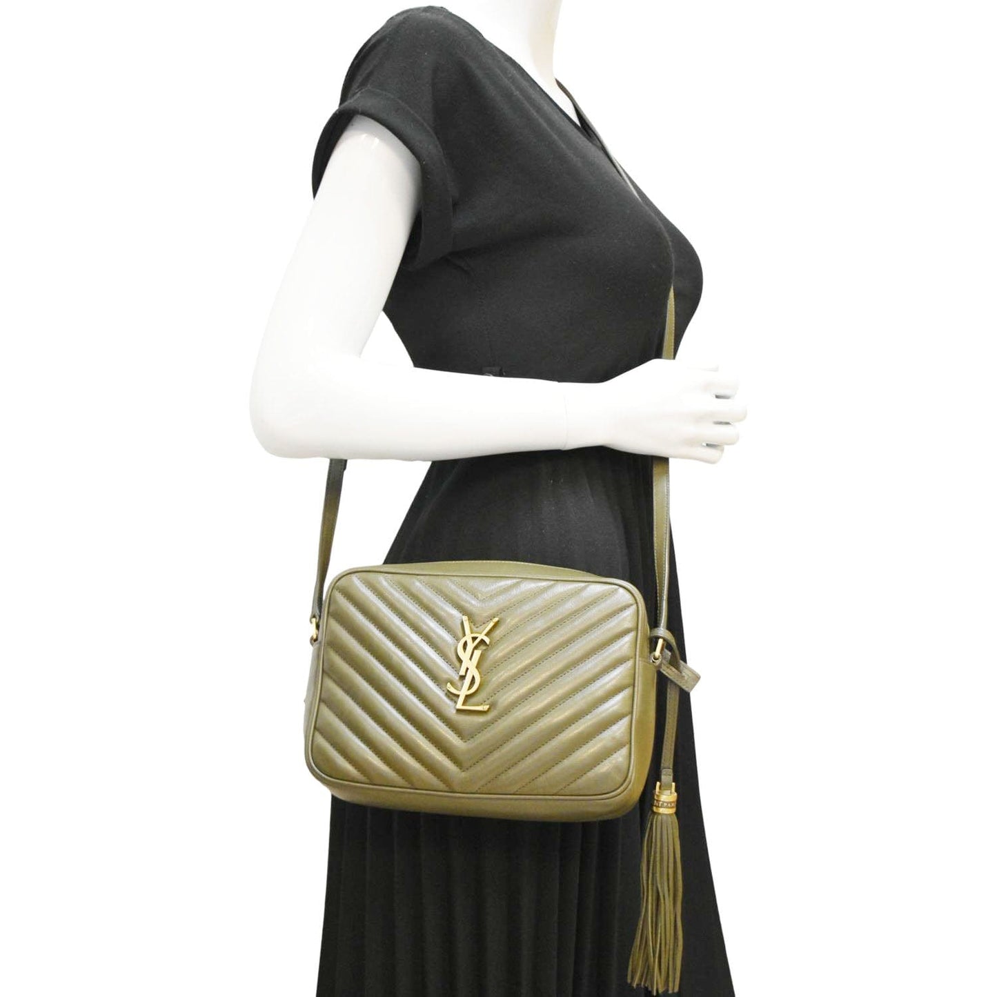 SAINT LAURENT Lou Chevron Leather Camera Crossbody Bag Olive