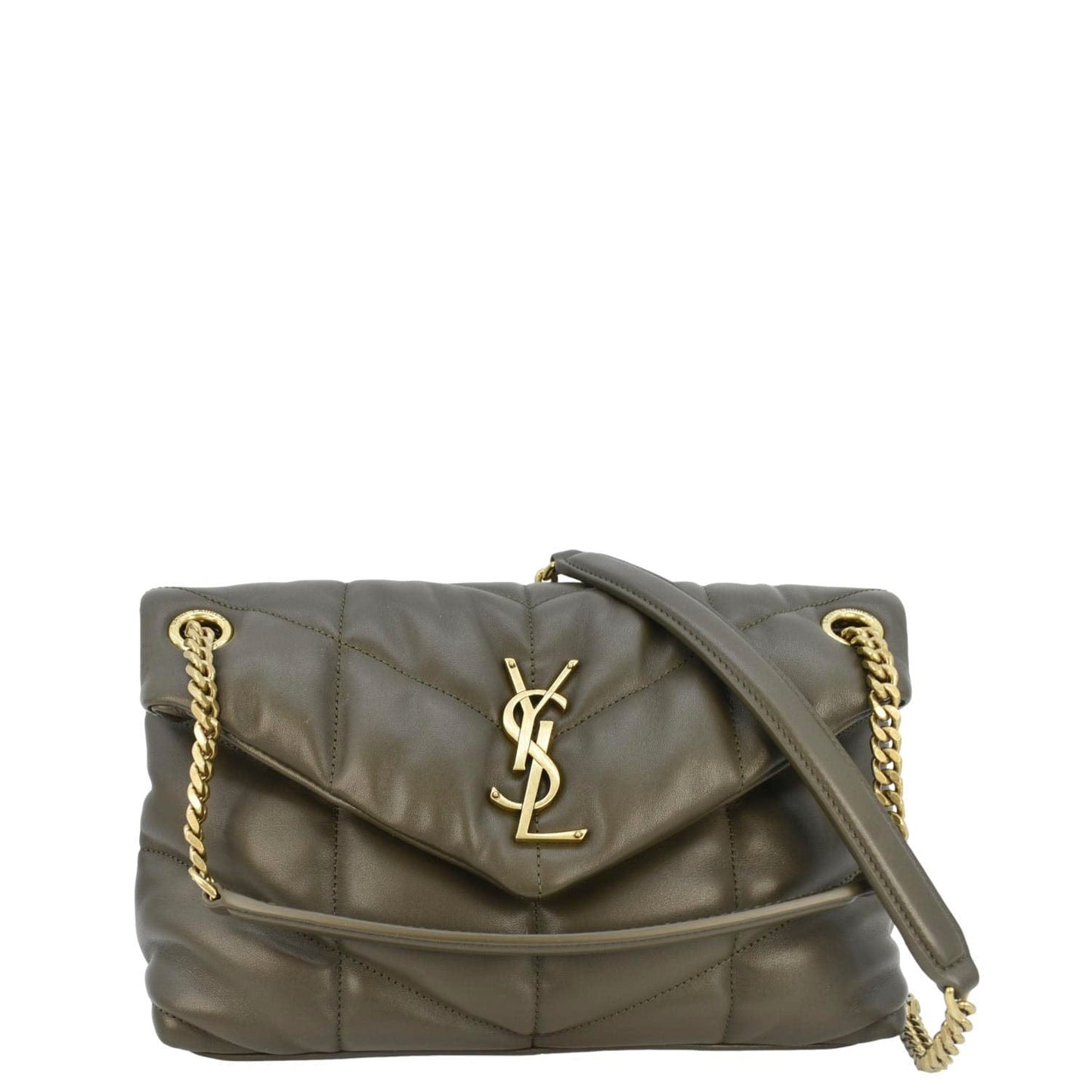 SAINT LAURENT Loulou Puffer Small Quilted Lambskin Leather Chain Crossbody Bag Olive