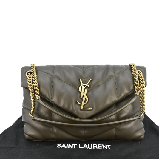 SAINT LAURENT Loulou Puffer Small Quilted Lambskin Leather Chain Crossbody Bag Olive
