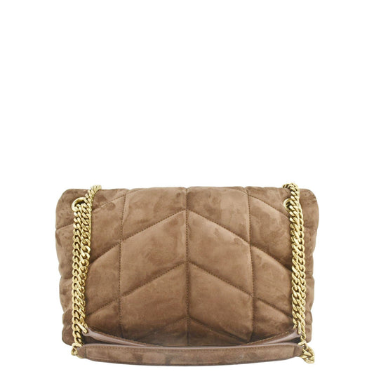 SAINT LAURENT Loulou Puffer Quilted Suede Chain Shoulder Bag Brown