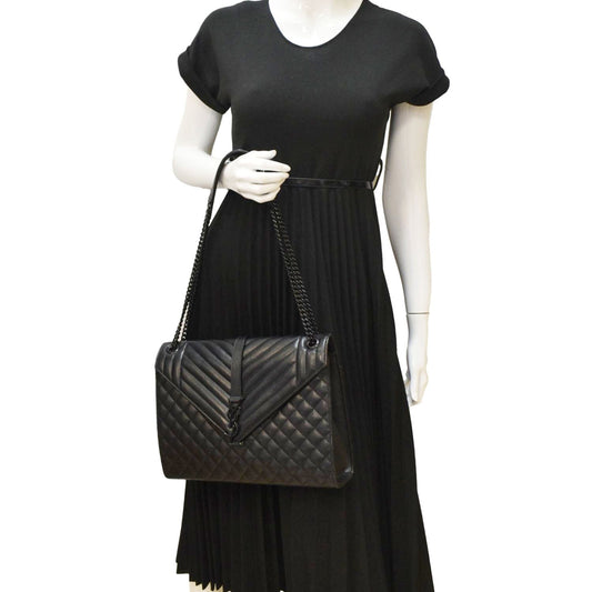 SAINT LAURENT Envelope Mix MatelassÃÂ© Chain Leather Shoulder Bag Black