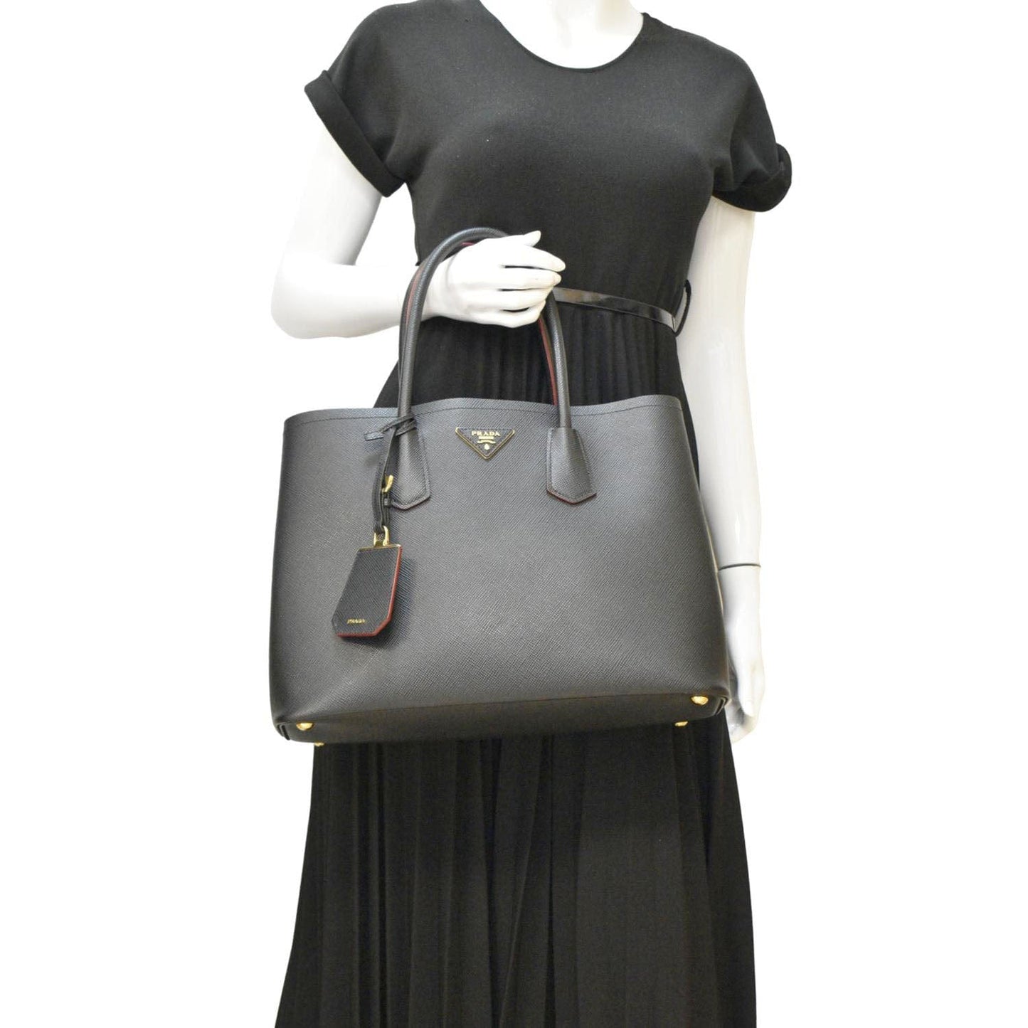 PRADA Double Handle Saffiano Leather Tote Bag Black