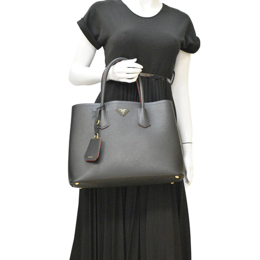 PRADA Double Handle Saffiano Leather Tote Bag Black