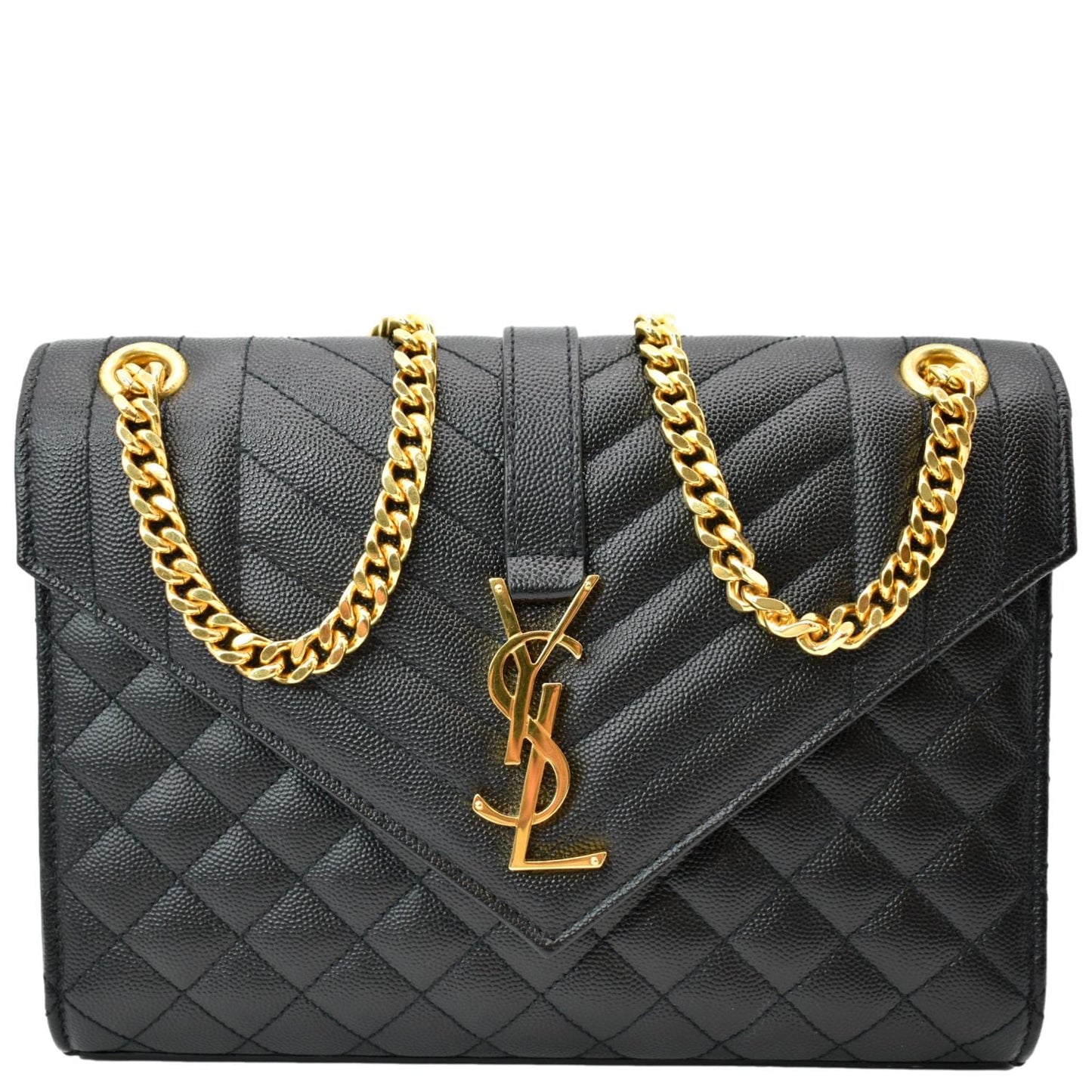 SAINT LAURENT Medium Envelope Leather Chain Shoulder Bag Black