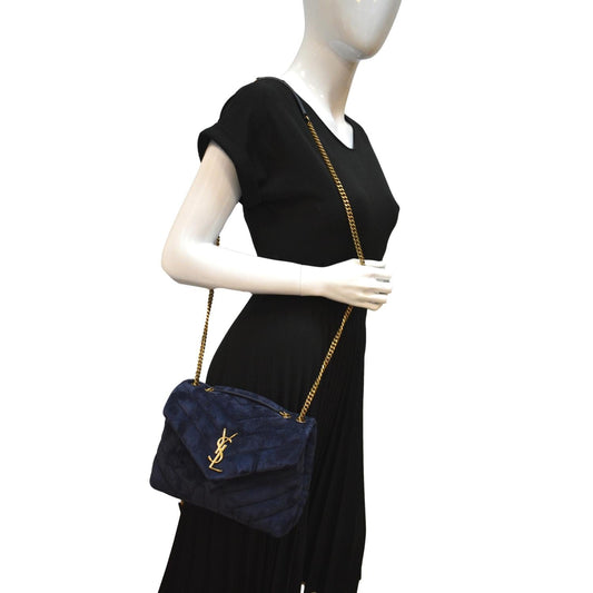 SAINT LAURENT Small Loulou Velvet Shoulder Bag Blue