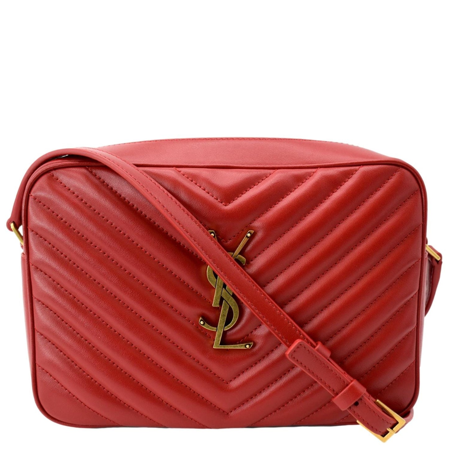 SAINT LAURENT Lou Chevron Leather Camera Crossbody Bag Red