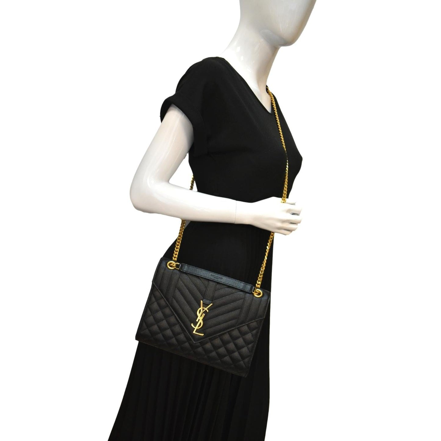 SAINT LAURENT Medium Envelope Leather Chain Shoulder Bag Black