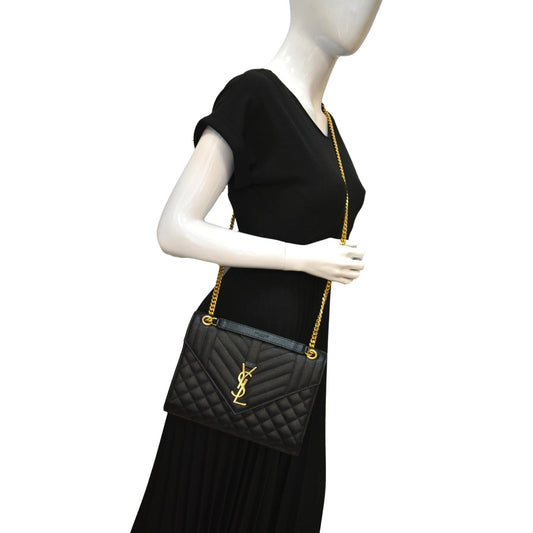 SAINT LAURENT Medium Envelope Leather Chain Shoulder Bag Black