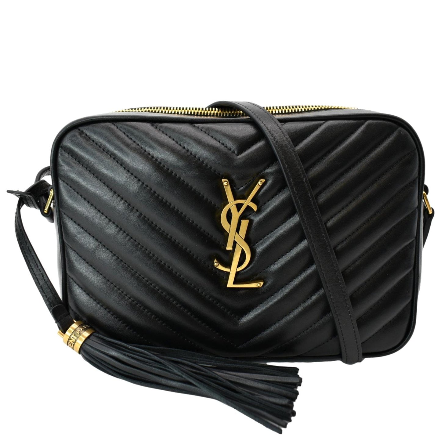 SAINT LAURENT Lou Chevron Leather Camera Crossbody Bag Black