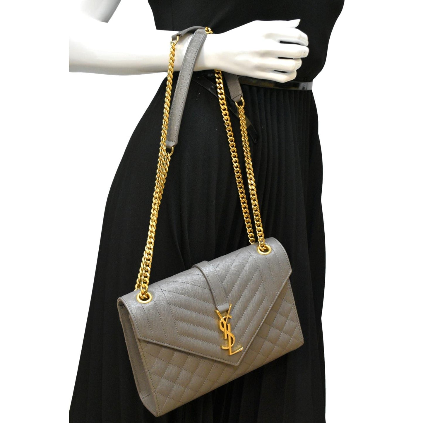 SAINT LAURENT Envelope Medium Matelasse Leather Crossbody Bag Gray