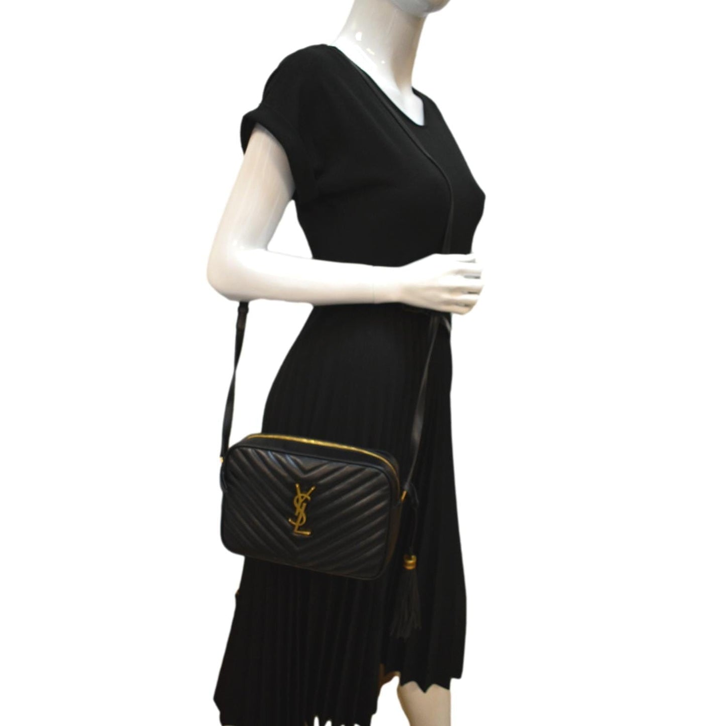 SAINT LAURENT Lou Chevron Leather Camera Crossbody Bag Black