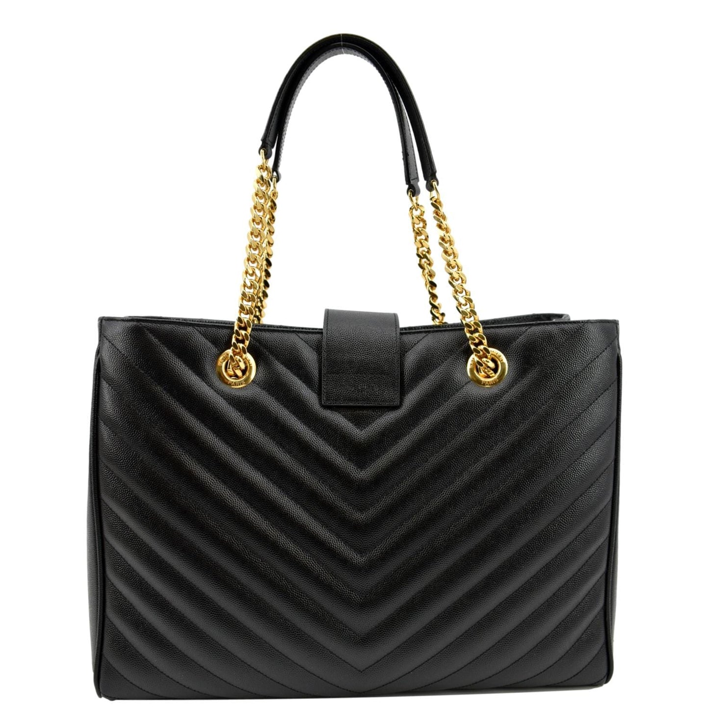 SAINT LAURENT Chevron Leather Shopping Tote Shoulder Bag Black
