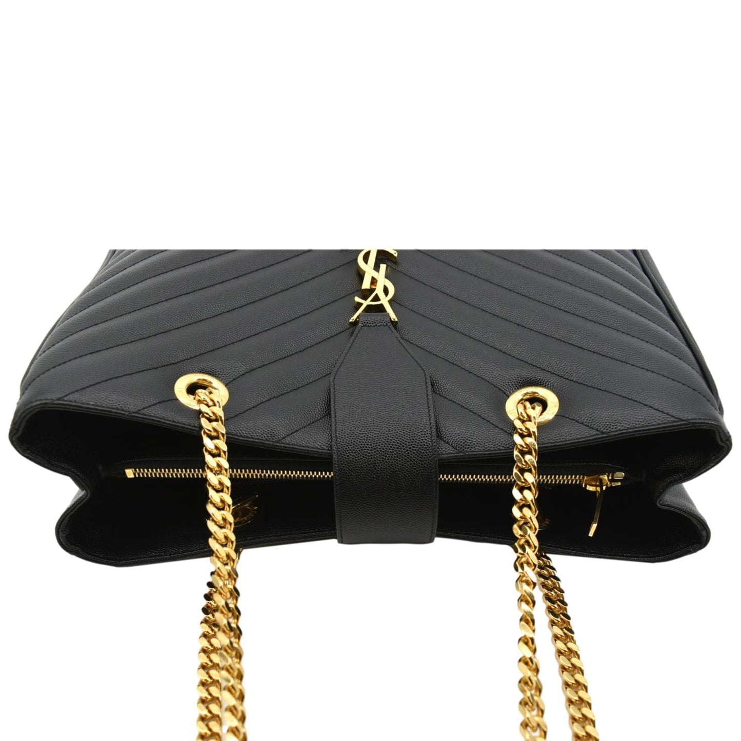SAINT LAURENT Chevron Leather Shopping Tote Shoulder Bag Black