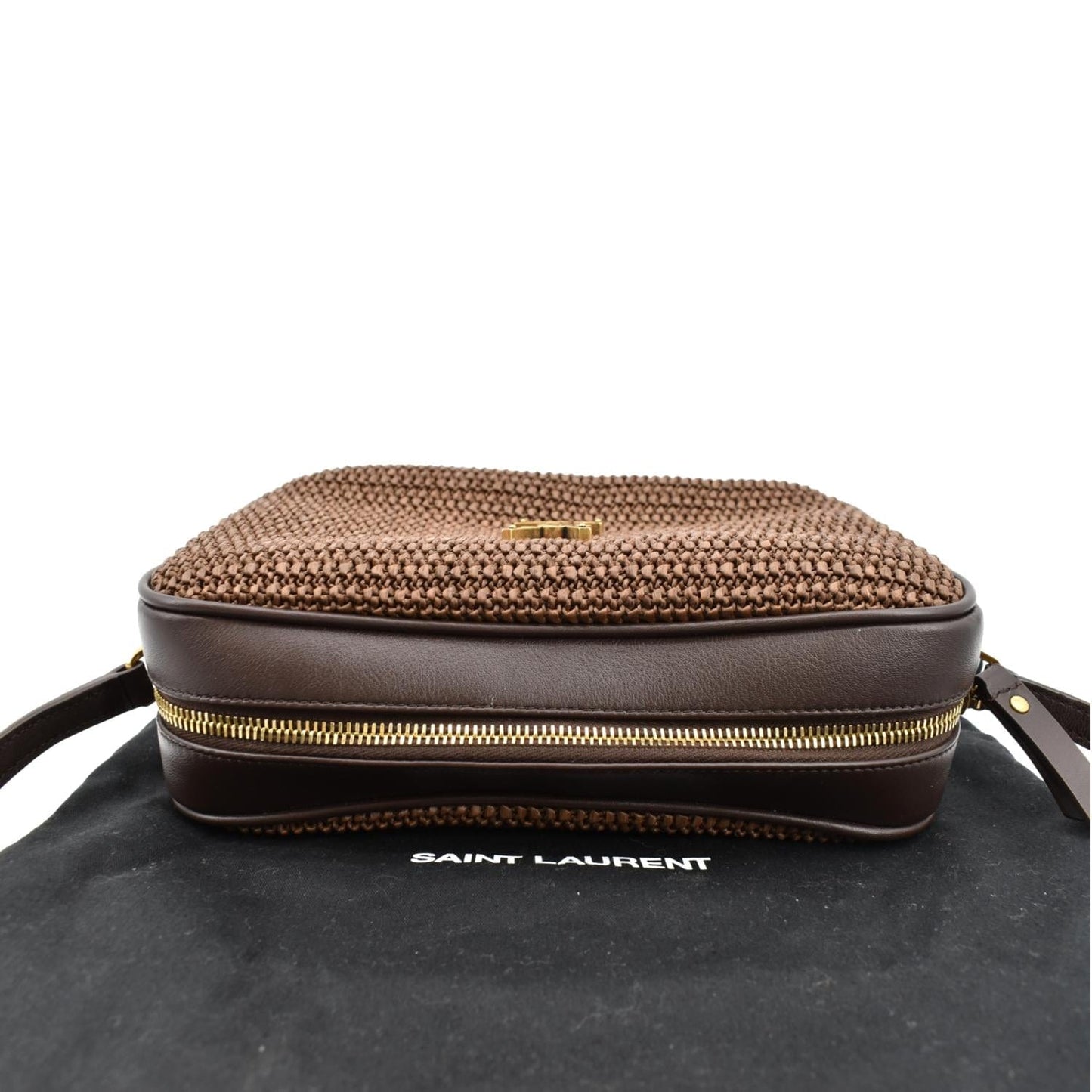 SAINT LAURENT Lou Camera Raffia Canvas Crossbody Bag Brown